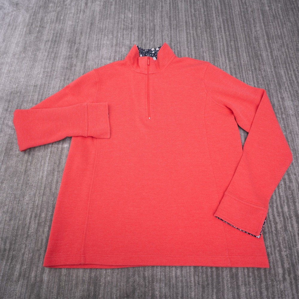 Orvis Pullover Women XL Coral Pink Excellent Quarter Zip Floral Trim Mock Neck